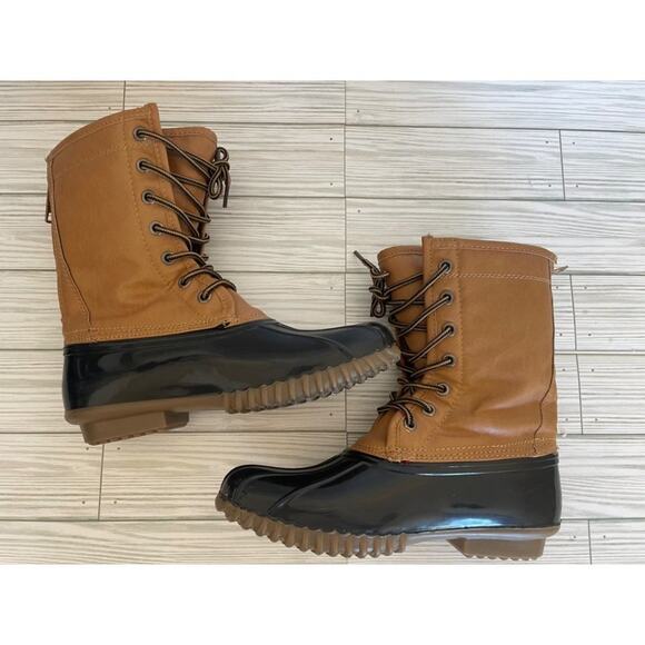 Madden Girl Women’s Size 7 Flurry Tan Black Waterproof Flannel Lined Duck Boots - Picture 1 of 13